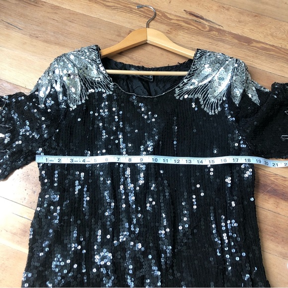 VTG ROYAL FEELINGS blouse Silk Bead sequin Black Silver DYNASTY SZ M 80s Formal - Picture 12 of 13